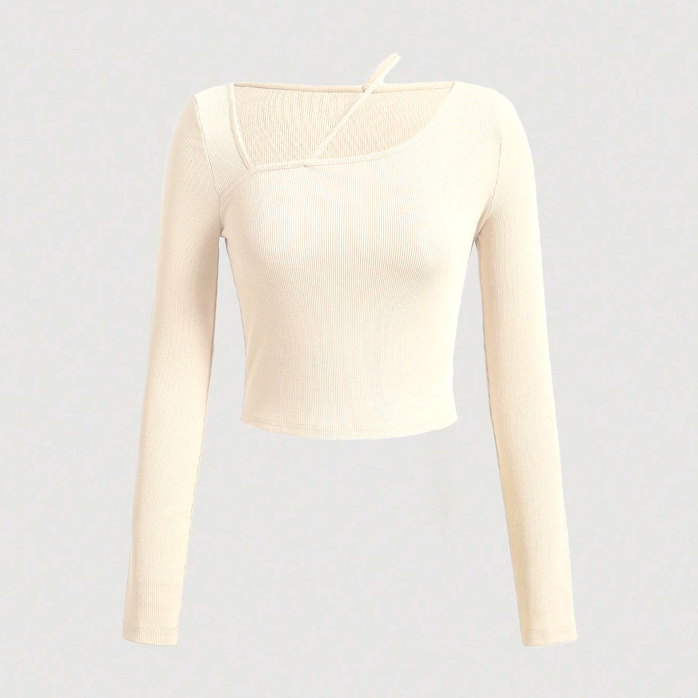 Chemisier court à manches longues pour femmes avec décolleté asymétrique et texture à fines côtes Chic & Stil
