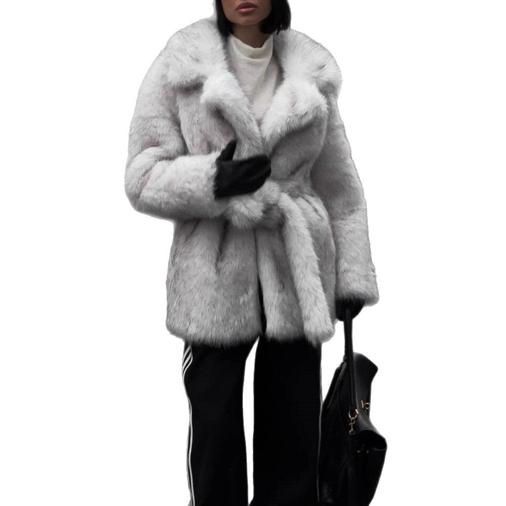 Women Voluminous Short Coat made of Faux Fur with Waist Belt and Oversized Shawl Collar Amarae