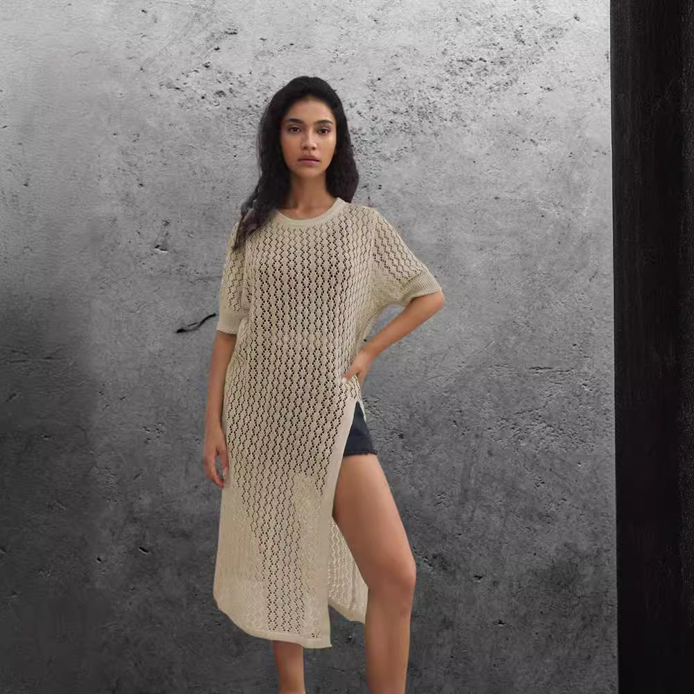 Ladies long knitted kimono with open design and breathable mesh structure Lune London