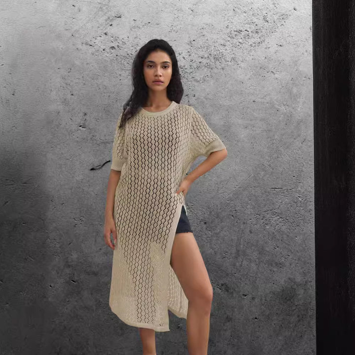 Ladies long knitted kimono with open design and breathable mesh structure Lune London