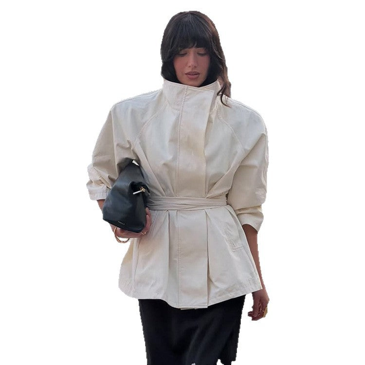Women's Boxy Short Coat with High Stand Collar and Tied Belt Amarae