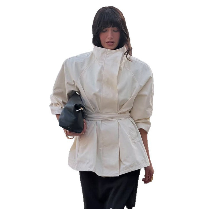 Women's Boxy Short Coat with High Stand Collar and Tied Belt Amarae