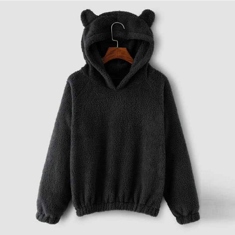 Women's Cozy Teddy Hooded Sweater with Bear Ears and Drawstring Hem Amarae
