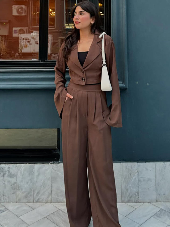 Women Two-Piece Tailoring Set Short Blazer with Bell Sleeves and High-Waist Palazzo Pants Amarae