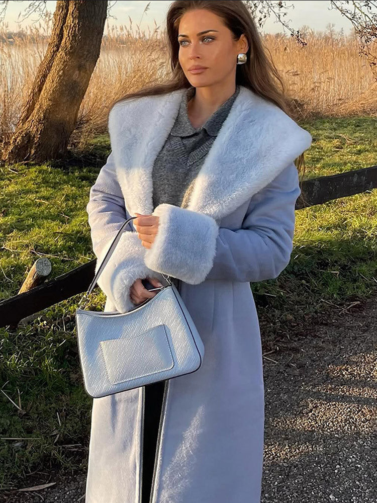 Women Elegant long-cut coat made of velour look with voluminous faux fur shawl collar Amarae