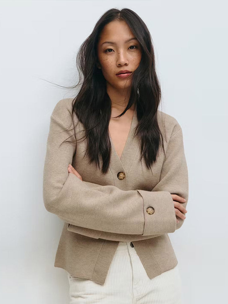 Women's Tailored Fine Knit Jacket with Deep V-Neck and Wide Cuffs Amarae