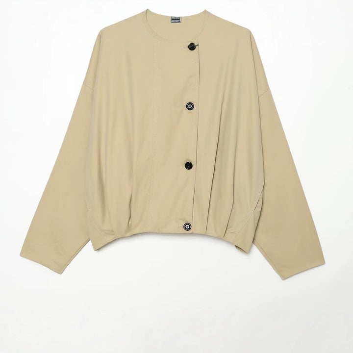 Women Short Cape Jacket with High Funnel Collar, Boxy Silhouette and Dropped Shoulders Amarae