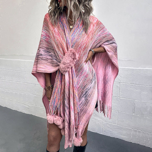 Ladies fashionable poncho with luxurious faux fur trim and creative fringes Amarae