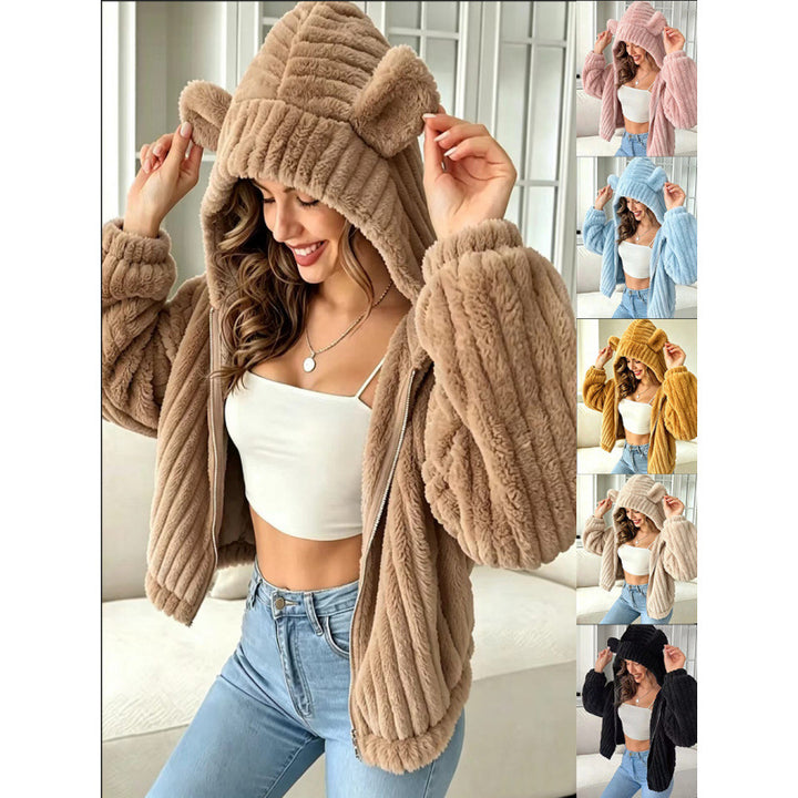 Women's Cozy Teddy Hooded Jacket with Plush Texture and Hood Ears Amarae
