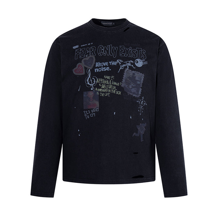 Men's long sleeve shirt with print collage, distressed details and relaxed fit Amarae