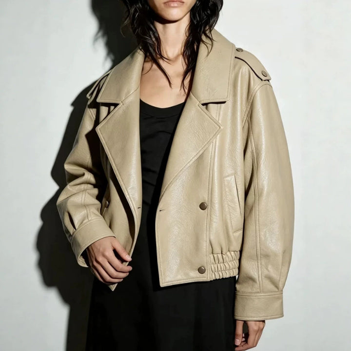 Women's Oversize Faux Leather Blouson with Double-Breasted Button Placket, Wide Lapels, and Elastic Hem Amarae