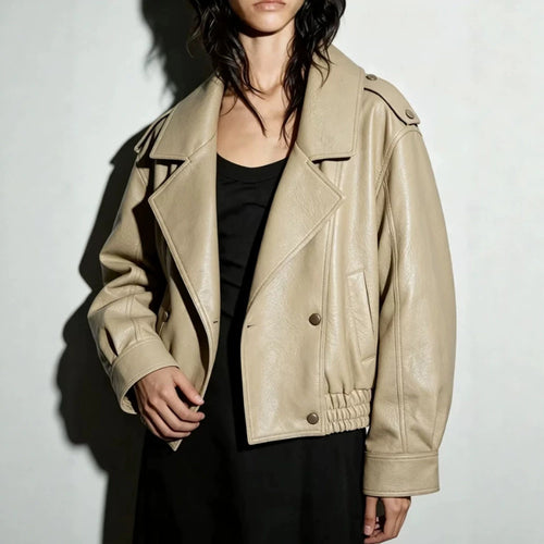Women's Oversize Faux Leather Blouson with Double-Breasted Button Placket, Wide Lapels, and Elastic Hem Amarae
