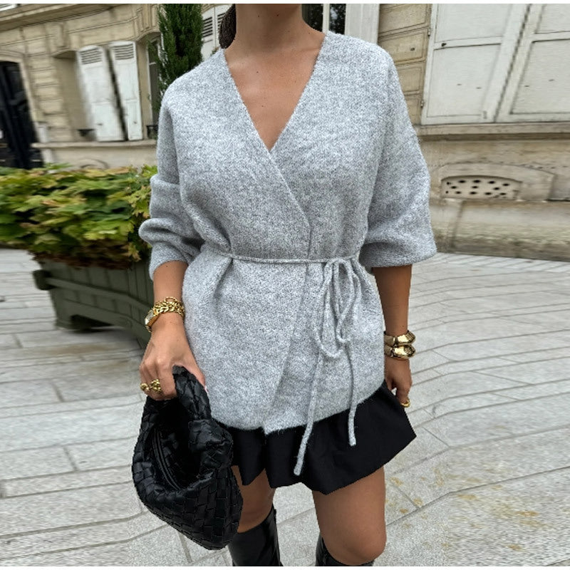 Elegant knit coat for women with belt Amarae