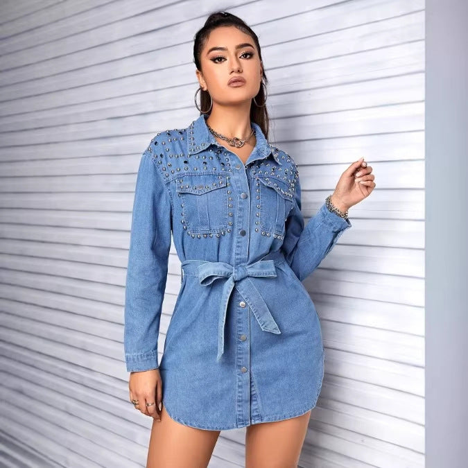 Women Studded Denim Shirt Dress with Waist Belt Amarae