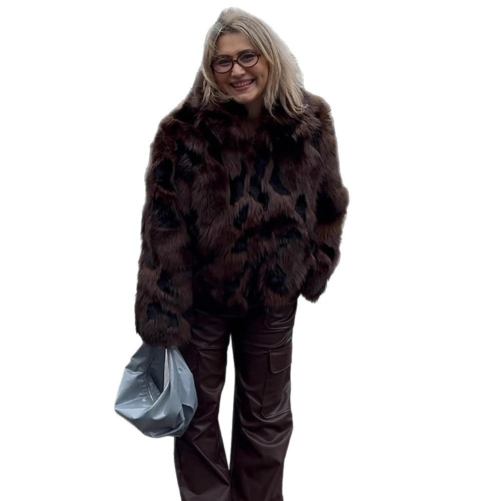 Women's Boxy Short Jacket made of Woven Fur with Natural Fur Look and Wide Shawl Collar Amarae