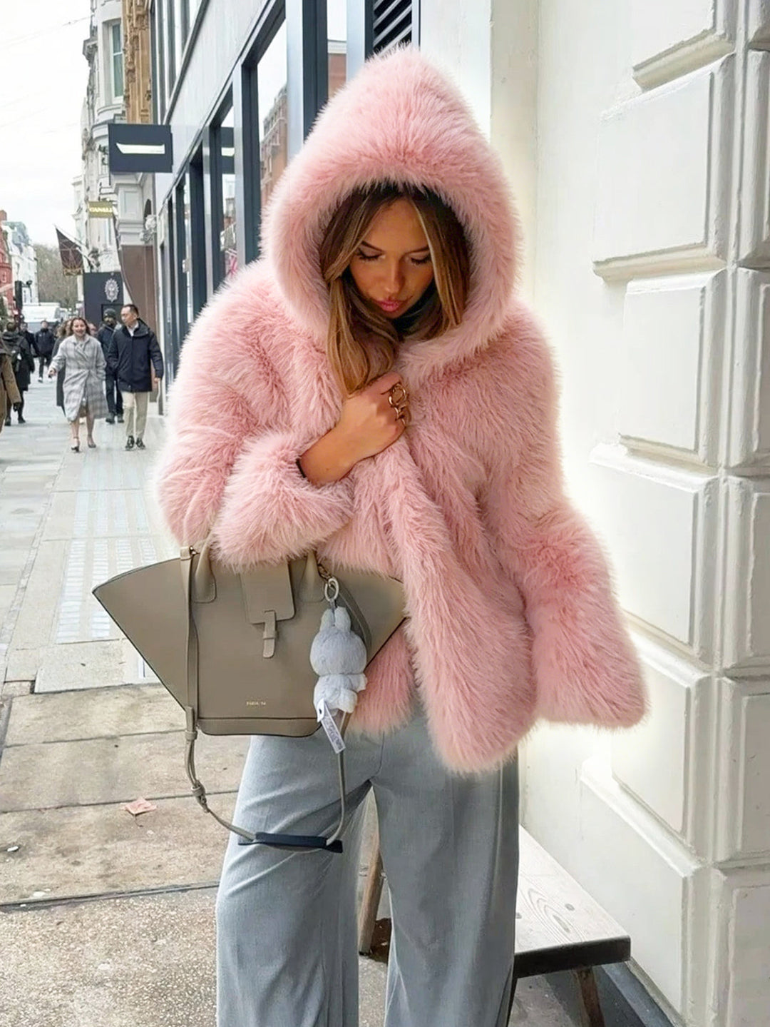 Women's Hooded Faux Fur Short Jacket with Dense Long Pile and Oversize Silhouette Amarae