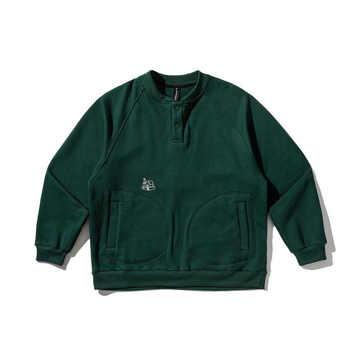Unisex Oversize Henley Sweatshirt with raglan sleeves, button placket, and distinctive round pockets Amarae