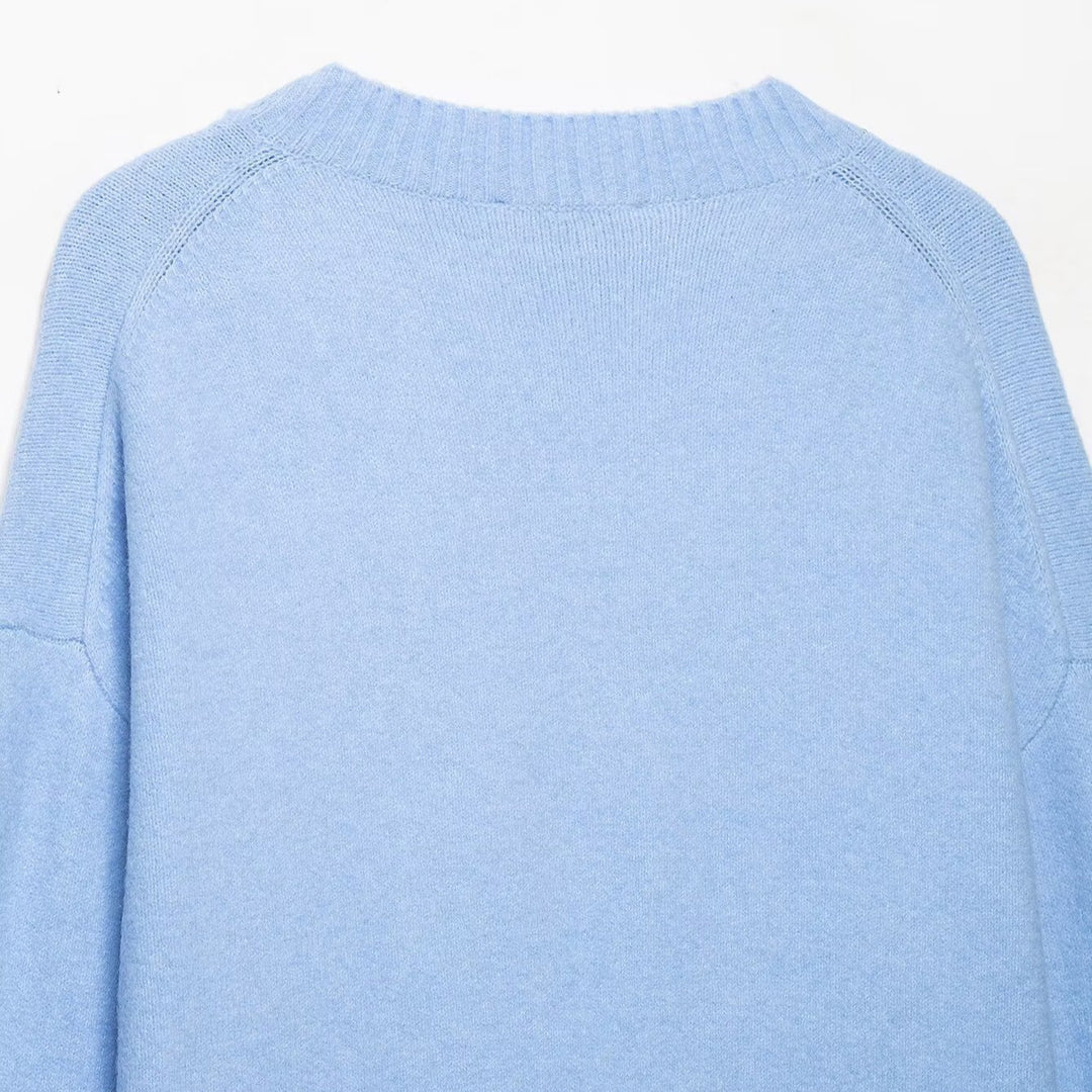 Women's Oversize V-Neck Fine Knit Sweater with Wide Ribbed Hem Amarae
