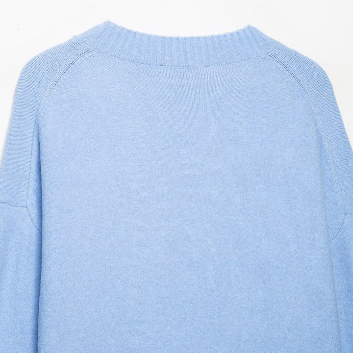 Women's Oversize V-Neck Fine Knit Sweater with Wide Ribbed Hem Amarae