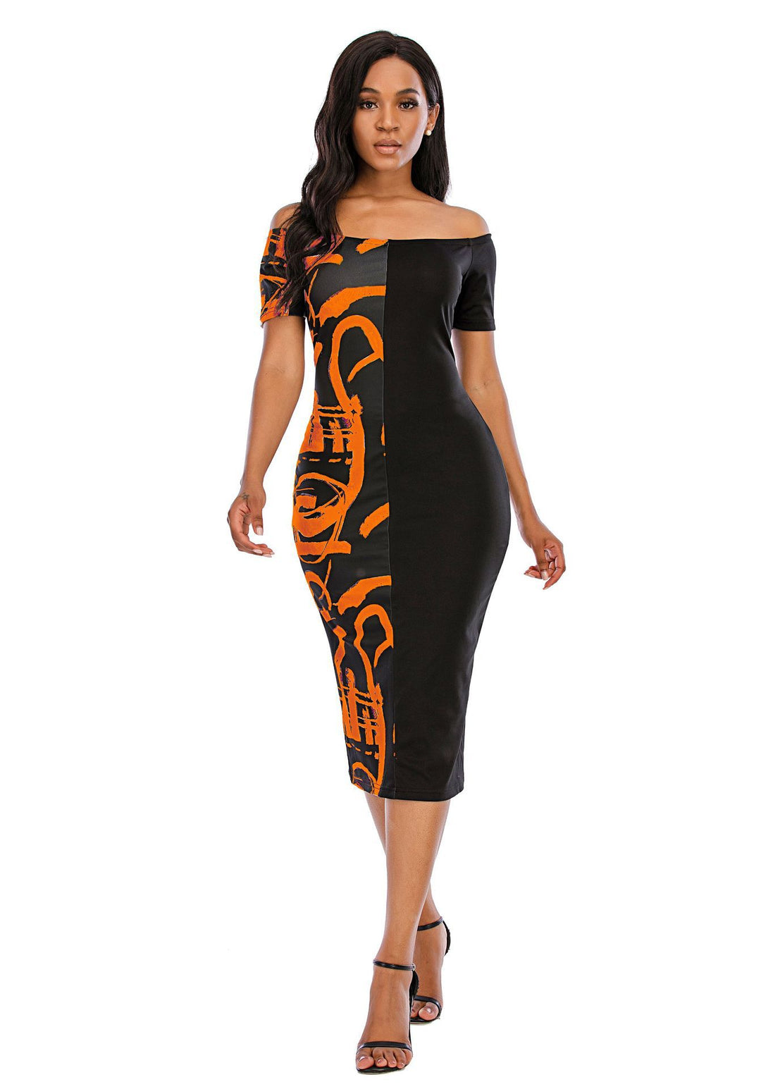Women Elegant Midi Dress with Off-Shoulder Design, Graphic Print and Fitted Silhouette Lune London