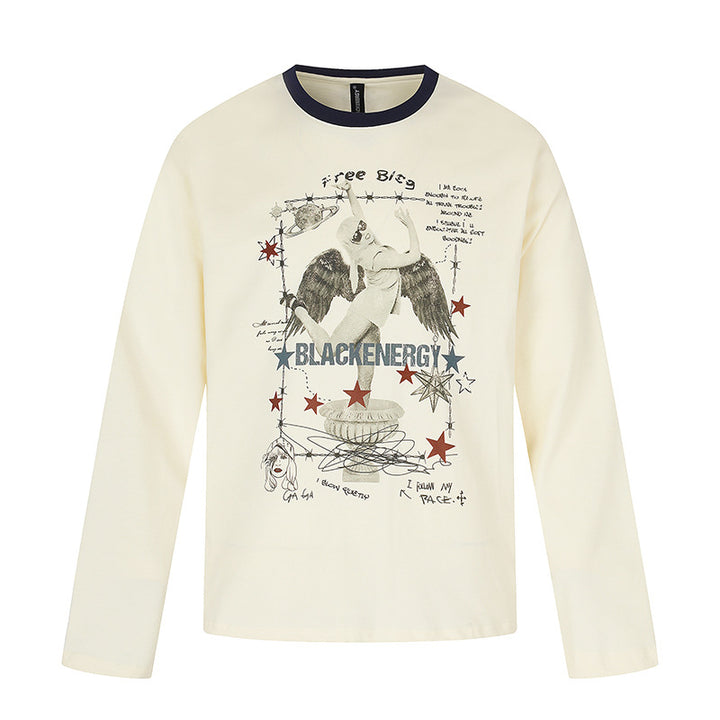 Women's long-sleeve shirt with vintage illustration, contrast collar and relaxed fit Amarae