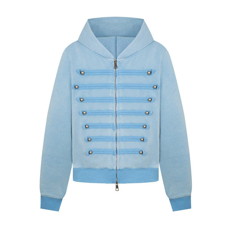 Ladies hooded sweat jacket in military style with decorative cords and metal buttons Amarae