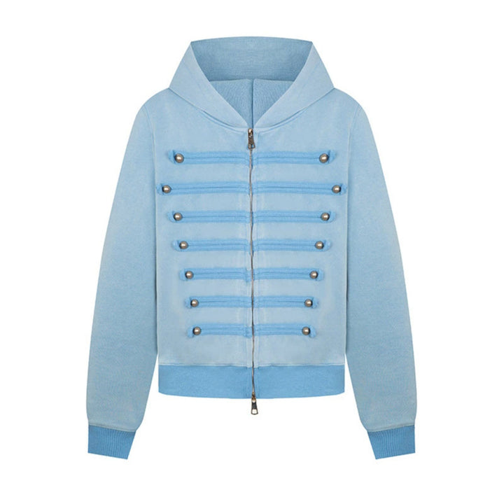 Ladies hooded sweat jacket in military style with decorative cords and metal buttons Amarae