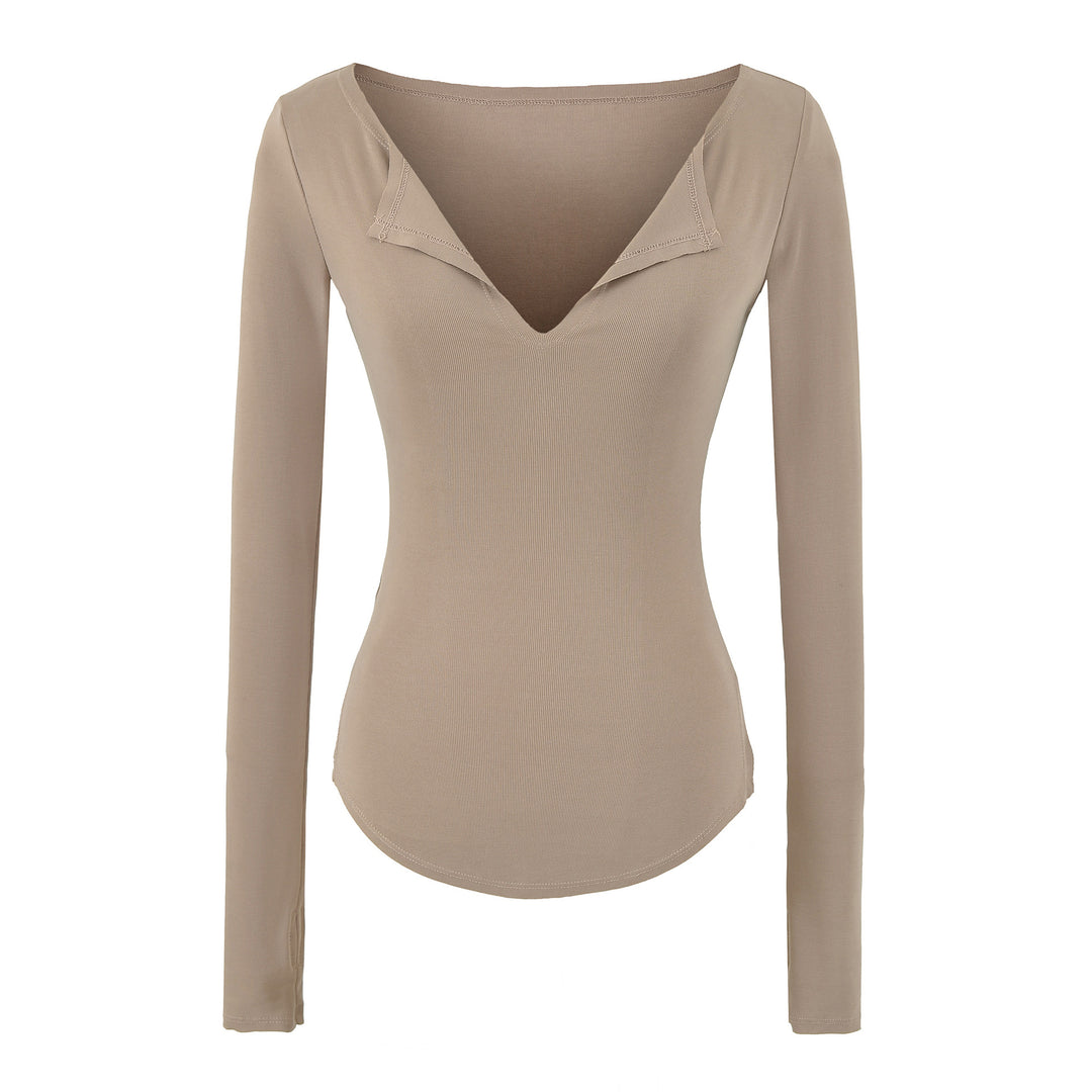Women's fitted ribbed knit long sleeve with deep V-neck and collar trim Amarae