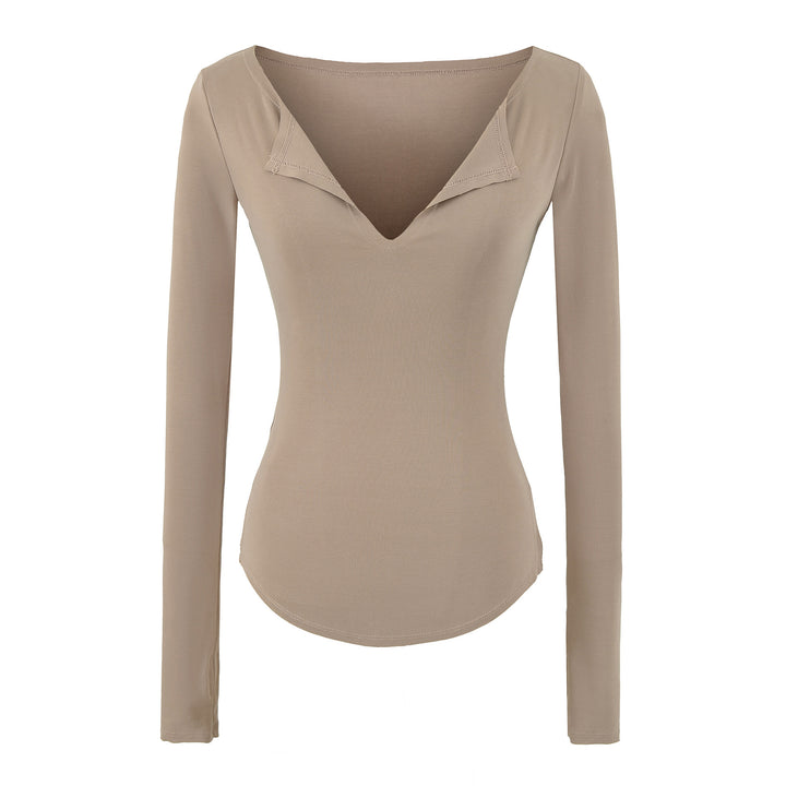 Women's fitted ribbed knit long sleeve with deep V-neck and collar trim Amarae