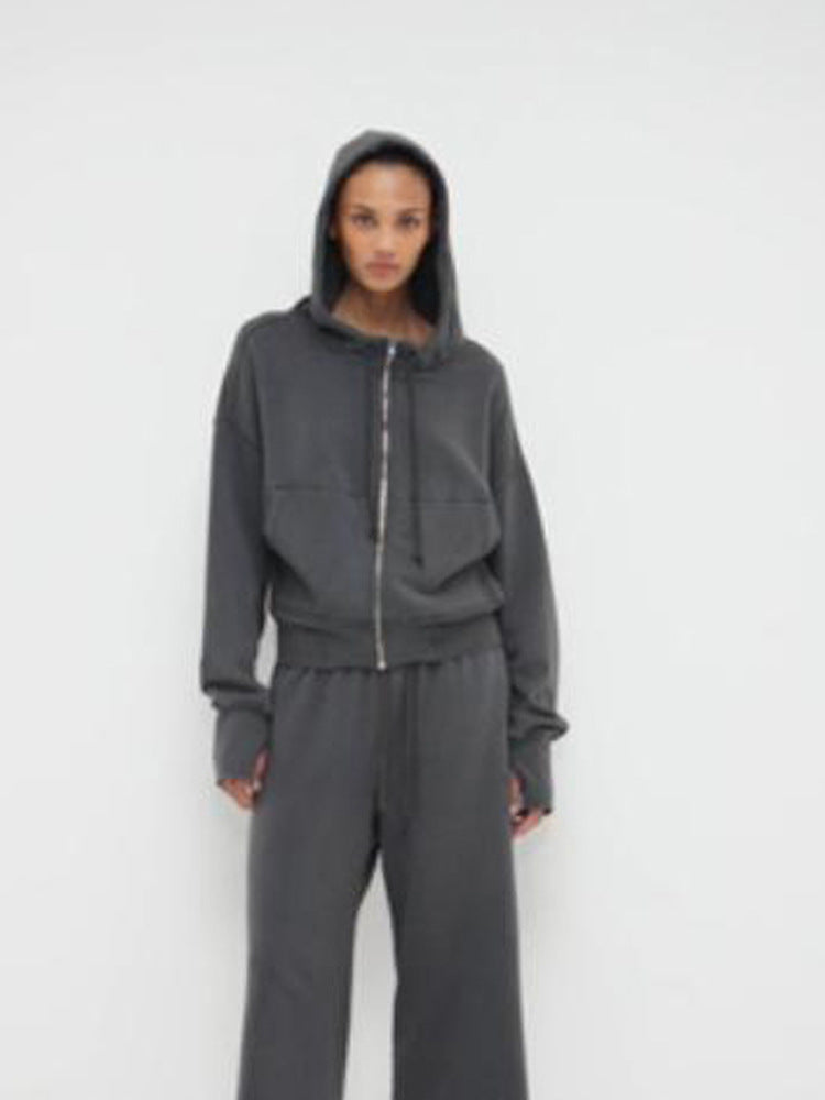Ladies cropped hoodie sweatshirt with full zip, kangaroo pockets, and extended sleeve cuffs Amarae