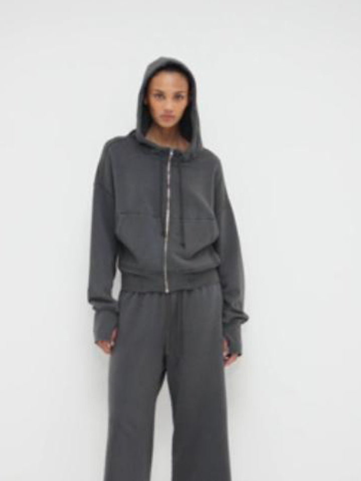 Ladies cropped hoodie sweatshirt with full zip, kangaroo pockets, and extended sleeve cuffs Amarae