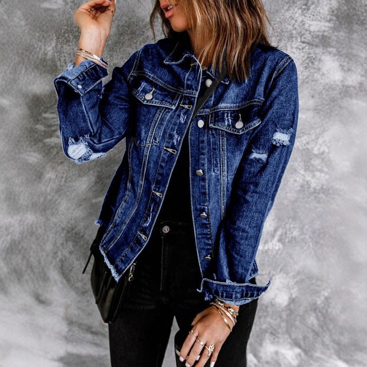 Women's Waist-Cinched Denim Trucker Jacket with Light Destroyed Effect and Fringed Hem Amarae