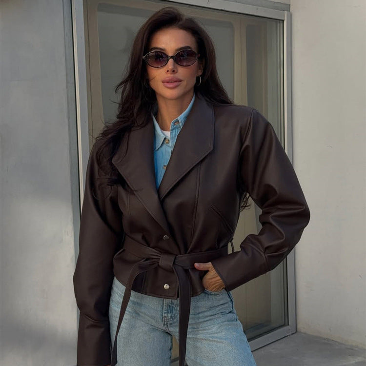Women’s short blazer made of vegan leather with waist belt Amarae