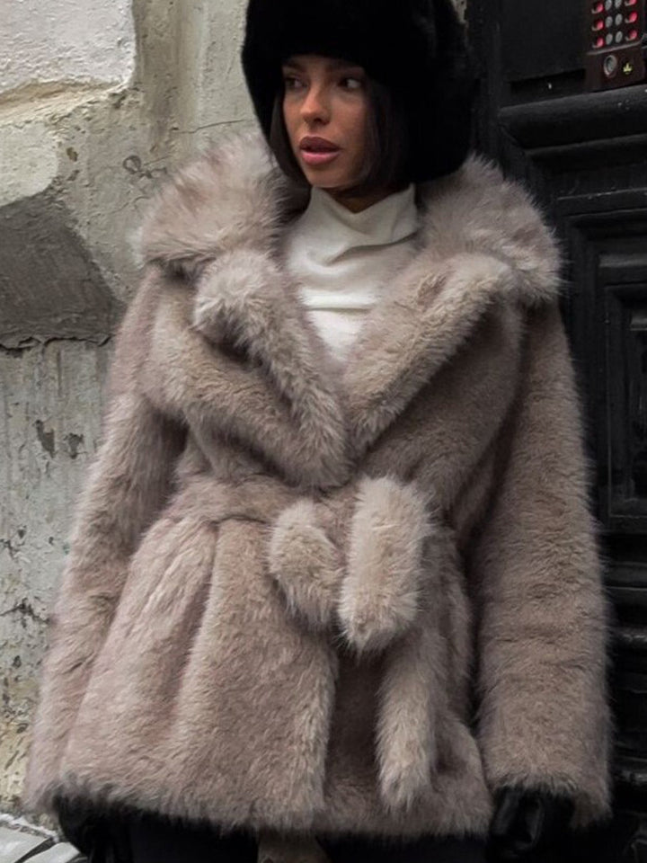 Women Voluminous Short Coat made of Faux Fur with Waist Belt and Oversized Shawl Collar Amarae