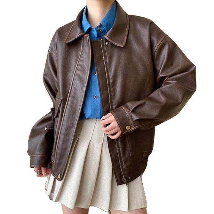 Casual faux leather jacket for women with practical pockets and elastic hem Lune London