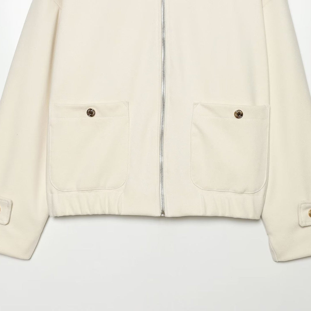 Women Cropped Utility Jacket with high collar, shoulder epaulettes and flap pockets