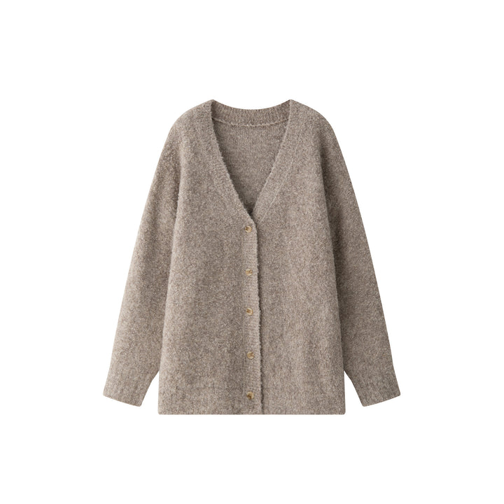 Ladies Boxy Cardigan made of fluffy bouclé wool blend with deep V and button placket Amarae