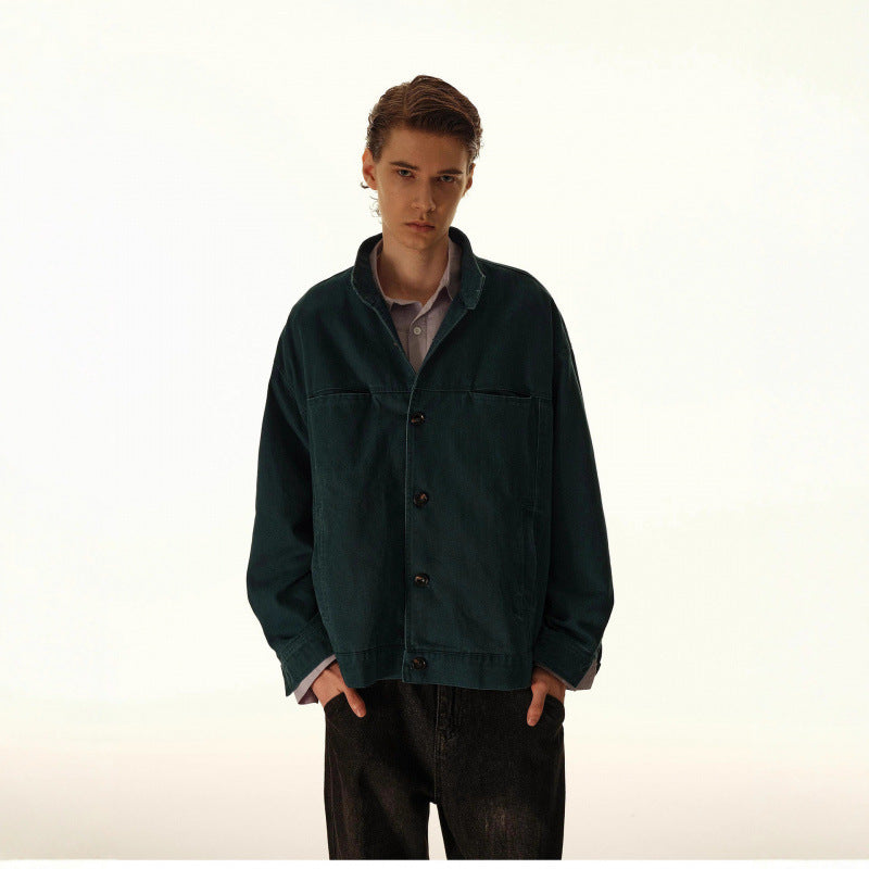 Men's Loose Canvas Overshirt with Stand-Up Collar, Patch Pockets and Distinctive Stitching Details Amarae
