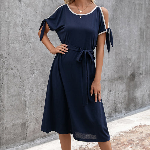 Midi dress woman with bold shoulder details and an adjustable belt Amarae