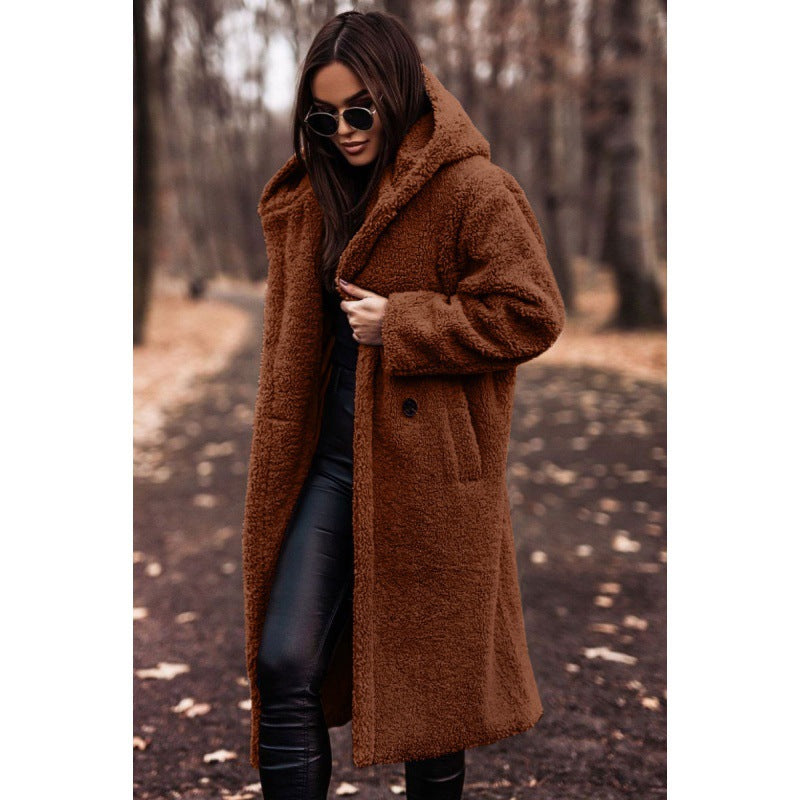 Ladies Plush Teddy Coat with Hood and Button Details Lune London