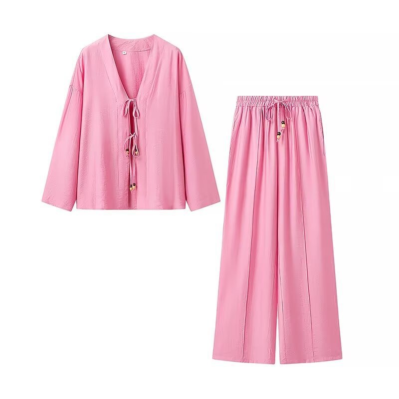 Ladies Lightweight Two-Piece Lounge Set with V-Neck and Loose Elastic Waist Pants Amarae
