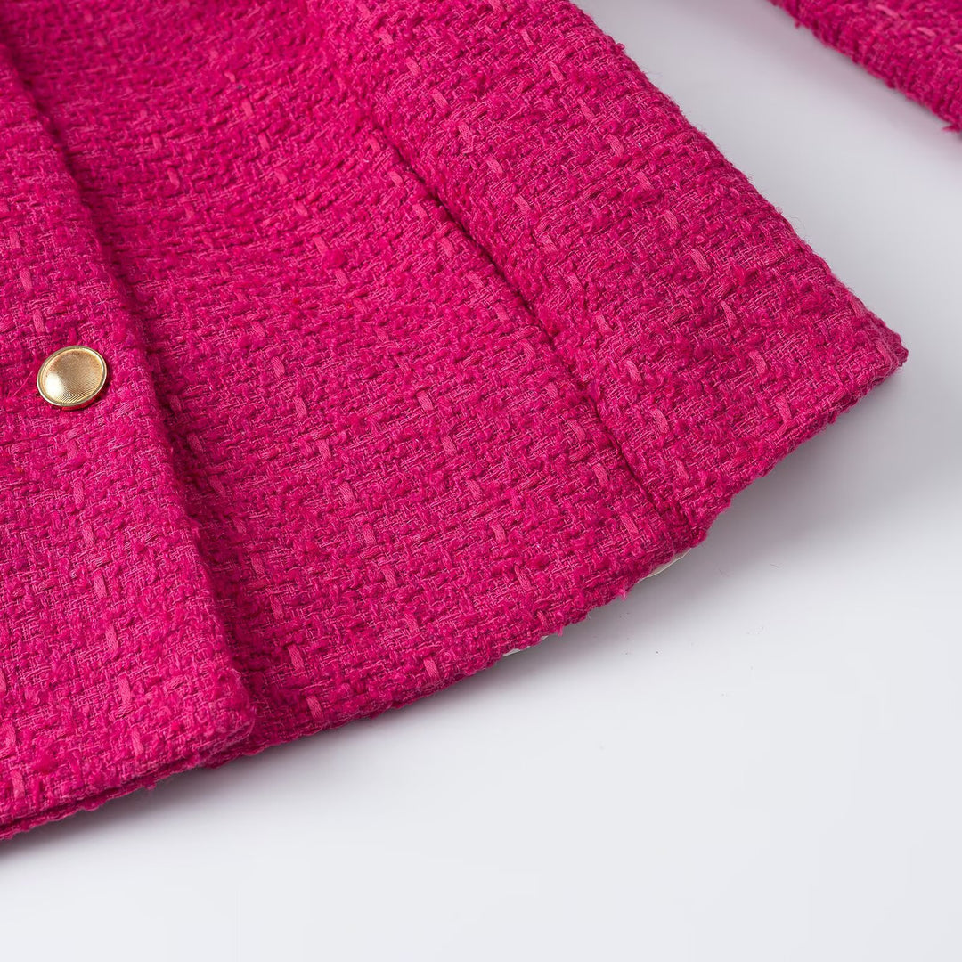 Women's Short Boucle Jacket with Waist Belt, Breast Flaps and Golden Decorative Buttons Amarae