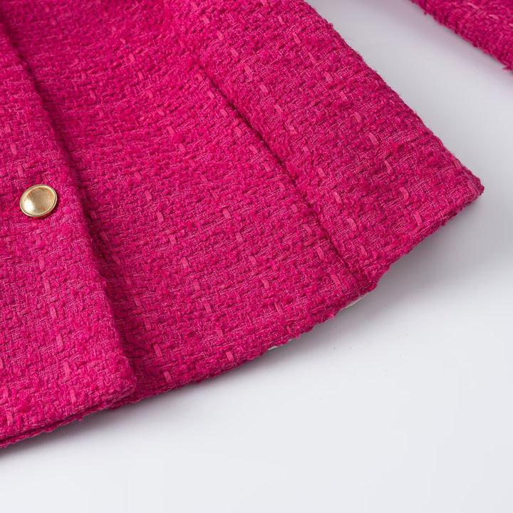 Women's Short Boucle Jacket with Waist Belt, Breast Flaps and Golden Decorative Buttons Amarae