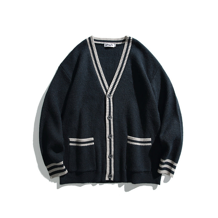 Unisex Oversize Knit Cardigan with Contrast Stripes, V-Neck and Patch Pockets Amarae