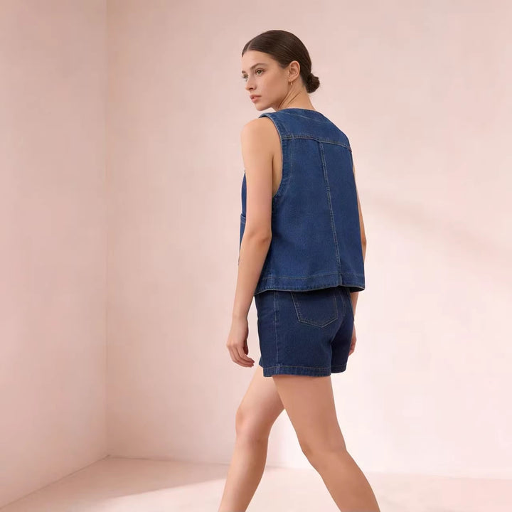 Women's Casual Denim Vest with Button Details and Patch Pockets Lune London