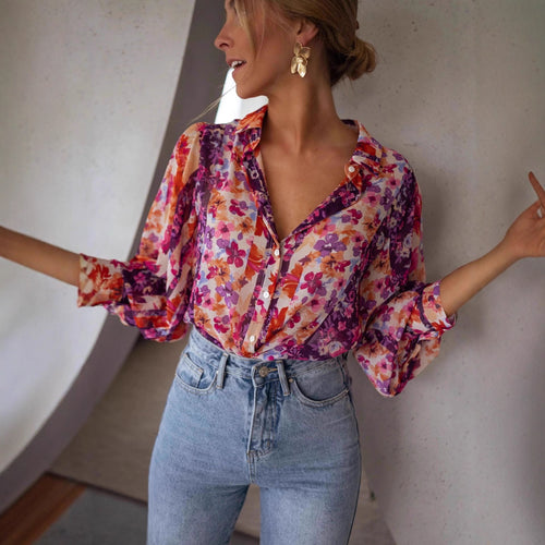 Women's blouse with floral patterns and elegant flutter sleeves Amarae