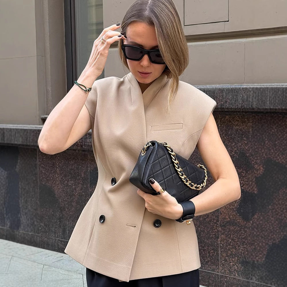 Women's sleeveless tailored blazer vest with double button placket & structured shoulder part Amarae