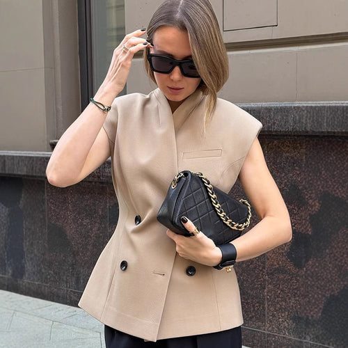 Women's sleeveless tailored blazer vest with double button placket & structured shoulder part Amarae
