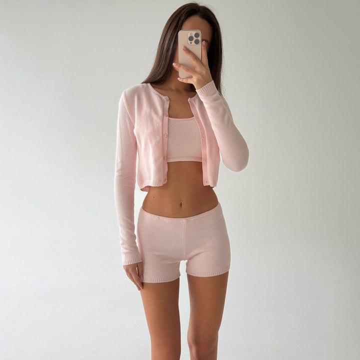 Women’s leisure set in crop with button cardigan and matching bustier Lune London