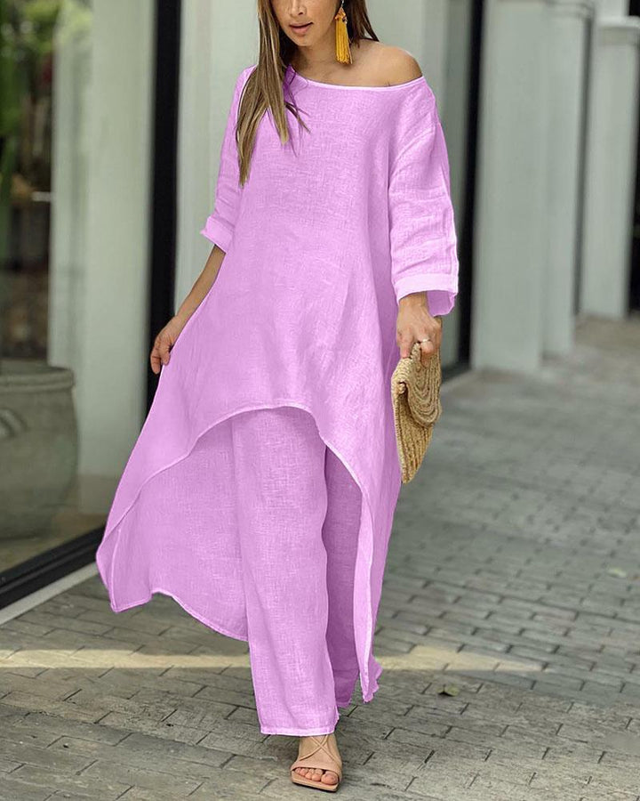 Asymmetrical elegant linen tunic set for women and Lune London pants